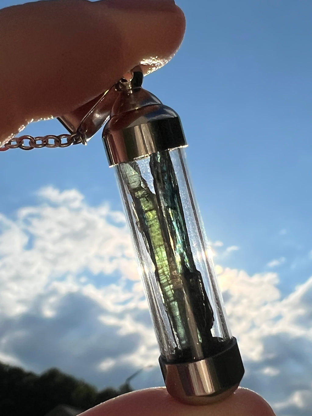 RARE Vivianite Pendant | Gemmy Blue Green Blade Vial Tube Glass Locket Necklace Jewelry | Brazilian Vivianite | Inner Peace Mystic Awakening
