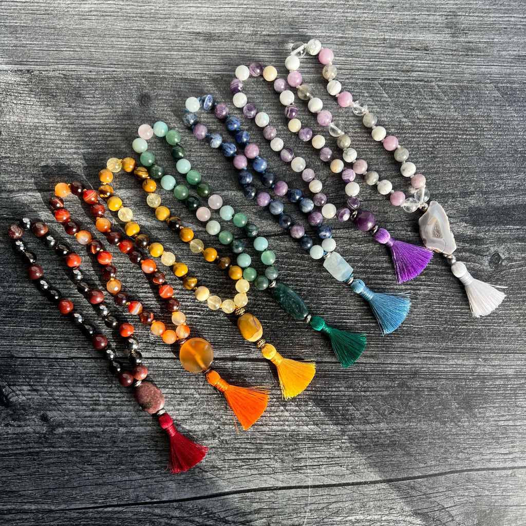 Heart Chakra Meditation Mala – 27 Beads of Rose Quartz & Moss Agate