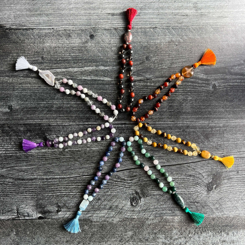 Heart Chakra Meditation Mala – 27 Beads of Rose Quartz & Moss Agate