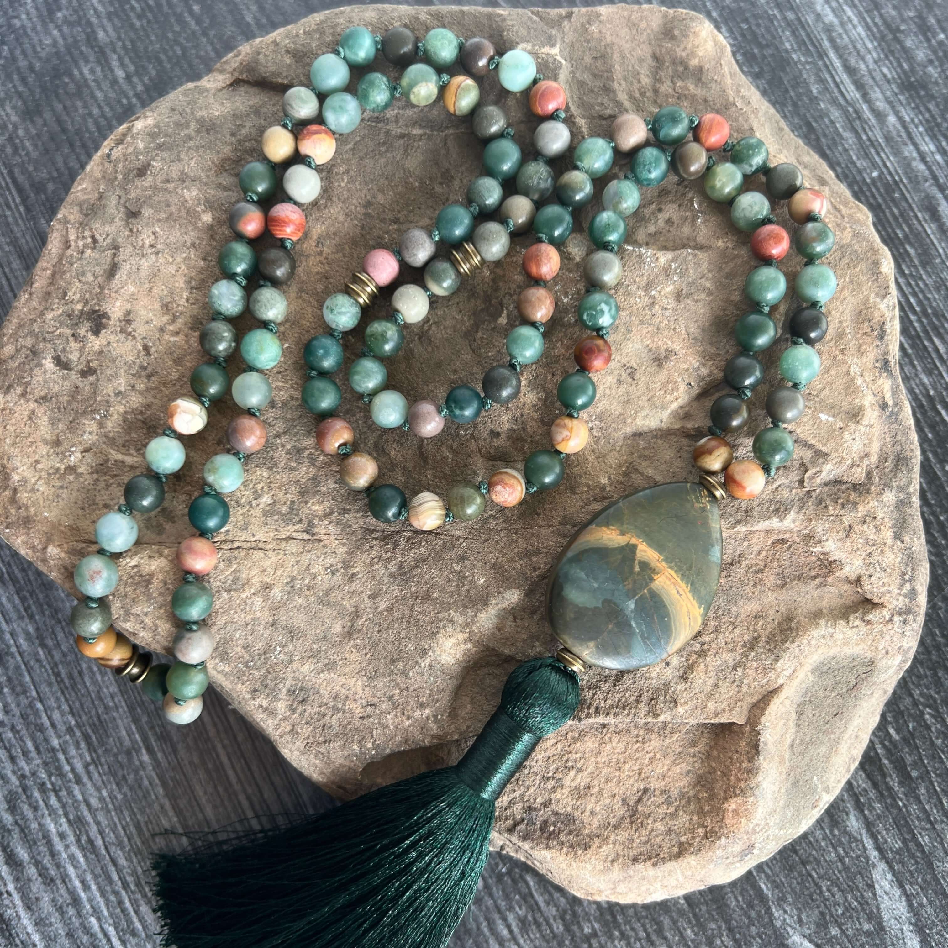 Forest Walk Meditation Mala – 108 Beads of Moss Agate & Polychrome Jasper