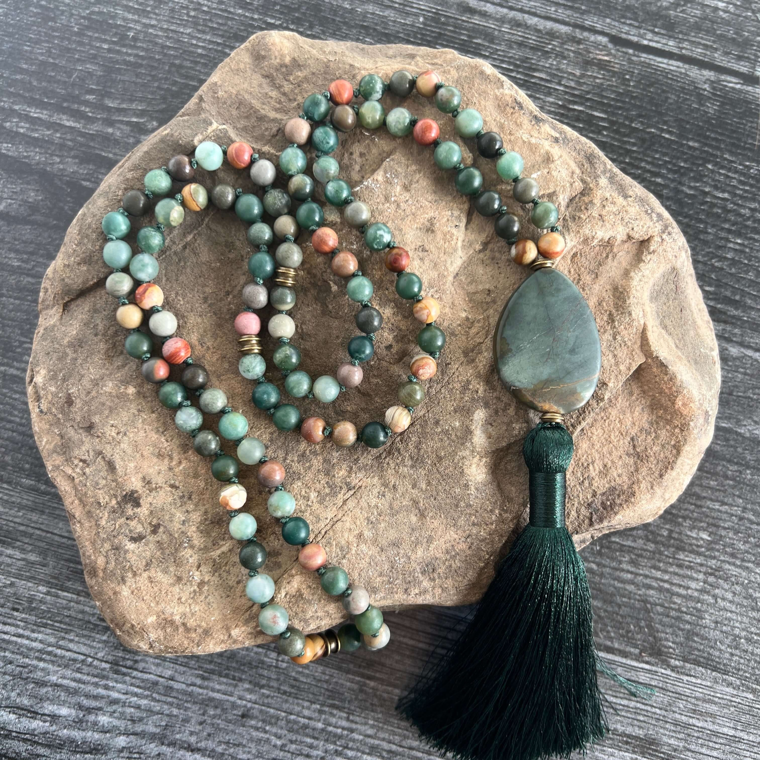 Forest Walk Meditation Mala – 108 Beads of Moss Agate & Polychrome Jasper